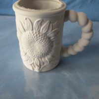 duncan 1878 sunflower mug  4.75"H,  bisqueware